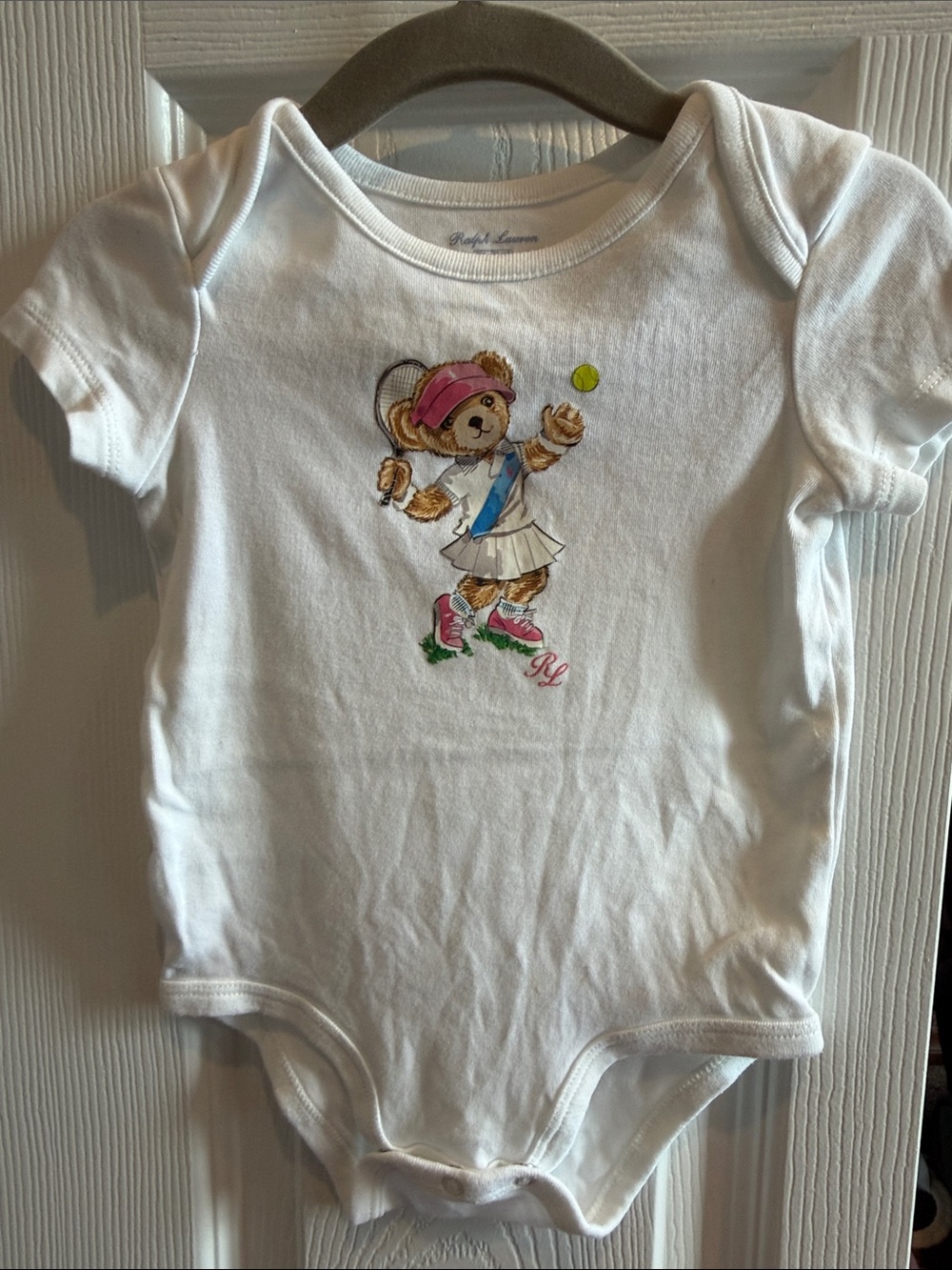 Ralph Lauren White Baby One-Piece with Tennis Bear Embroidery